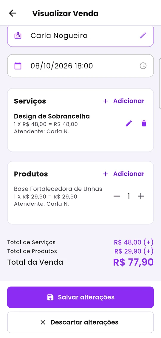 Venda alterada, com os botões Salvar alterações e Descartar alterações