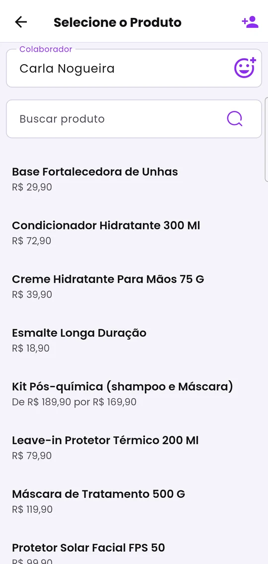 Lista para escolher o produto da venda, com busca e preço de cada item