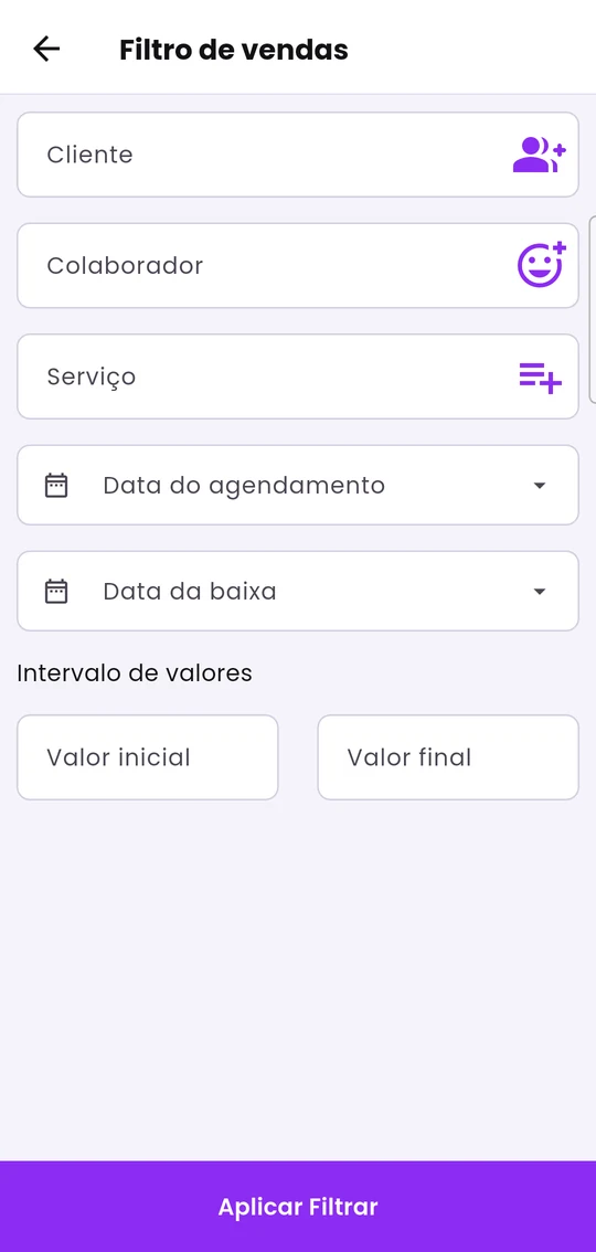 Filtro de vendas por cliente, colaborador, serviço, datas e valores