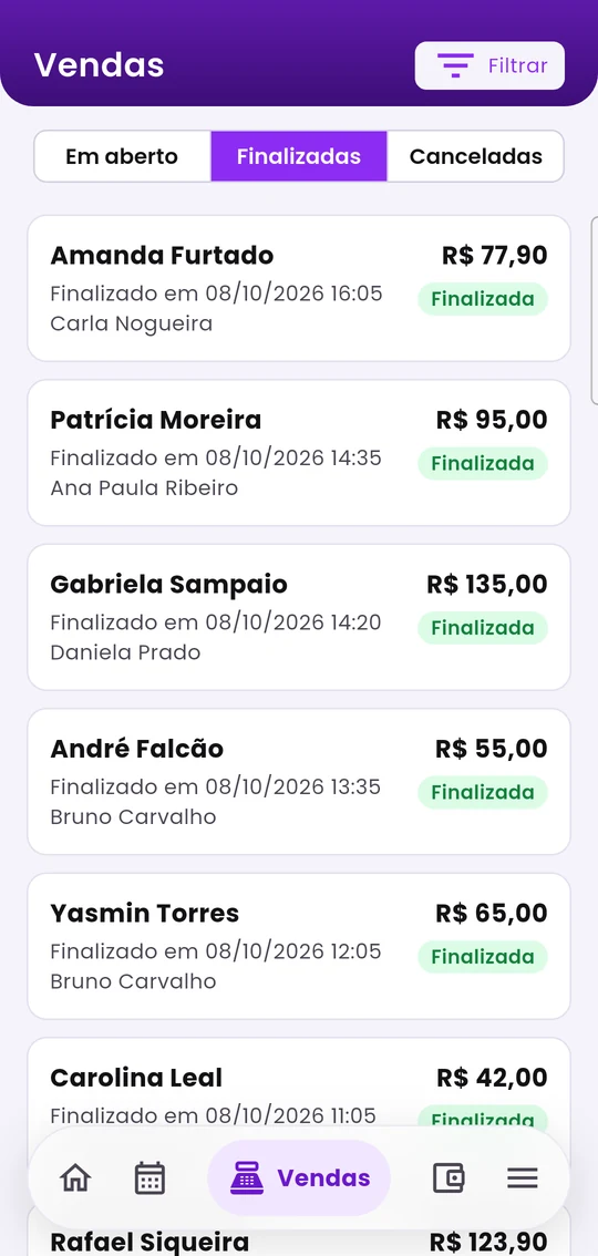 Aba Finalizadas, com a data e a hora em que cada venda foi fechada