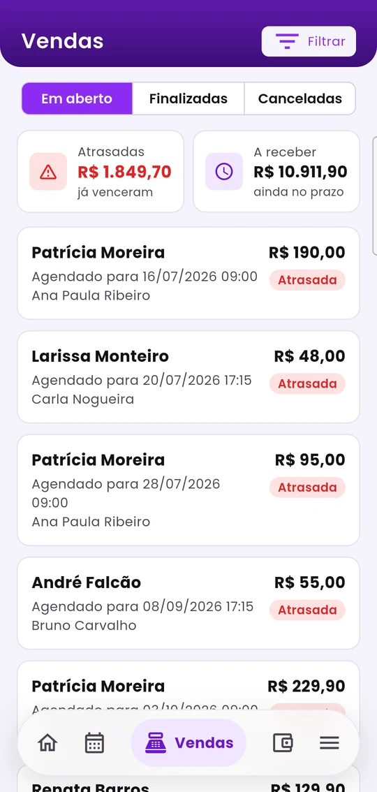 Aba Em aberto, com os totais de vendas atrasadas e a receber