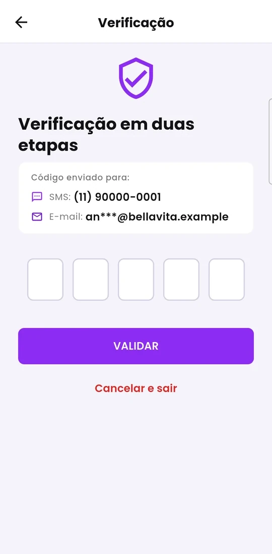 Tela de verificação em duas etapas, com os cinco espaços para digitar o código