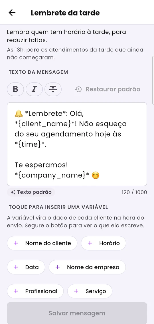 Editor do texto de uma mensagem, com formatação e botões de variáveis