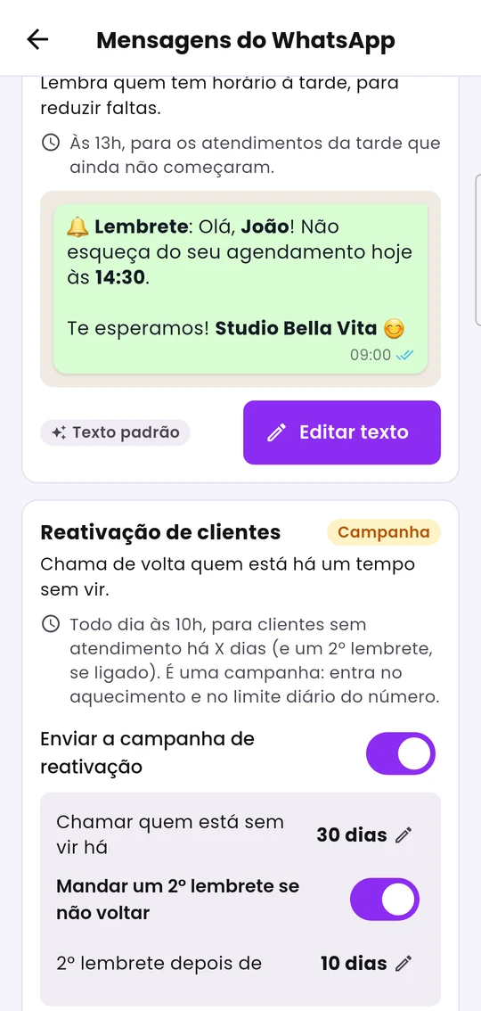 Cartão de uma mensagem com a prévia, e as regras da campanha de reativação