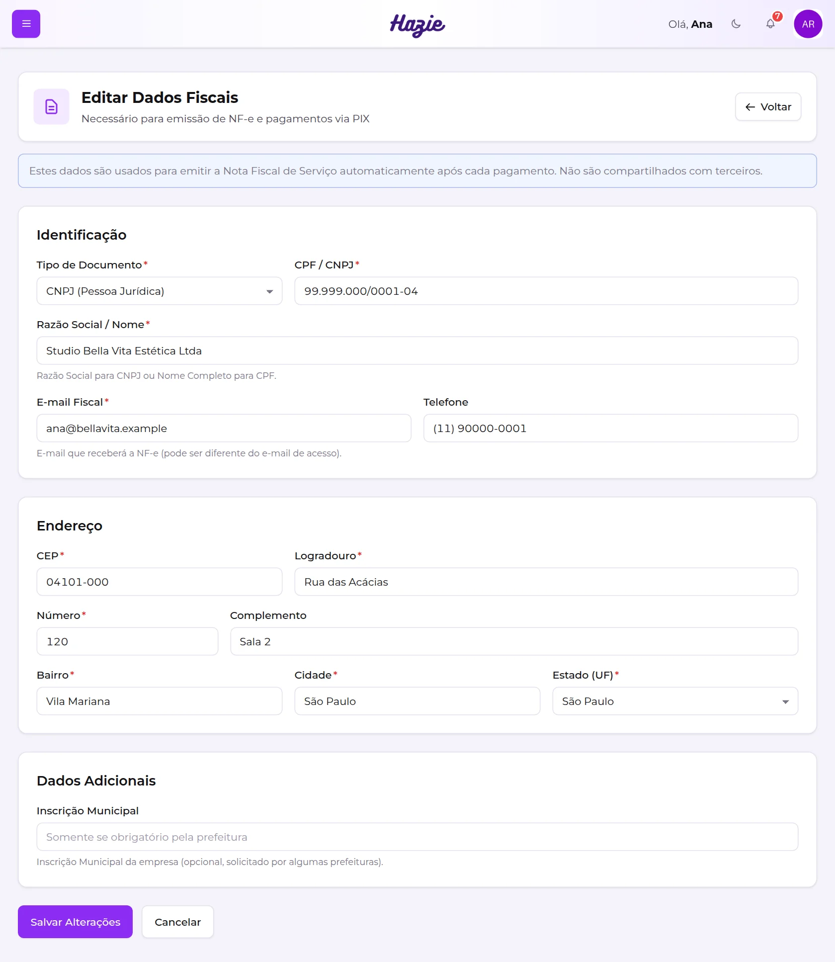 Tela Editar Dados Fiscais, com os blocos Identificação, Endereço e Dados Adicionais