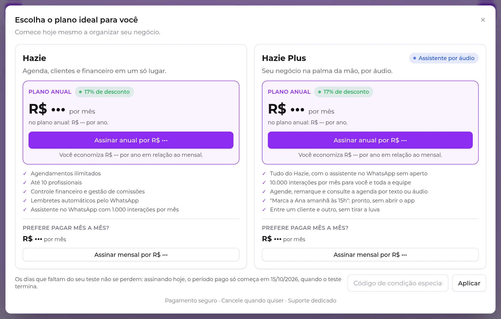 Janela Escolha o plano ideal para você, com os planos Hazie e Hazie Plus lado a lado, cada um com opção anual e mensal
