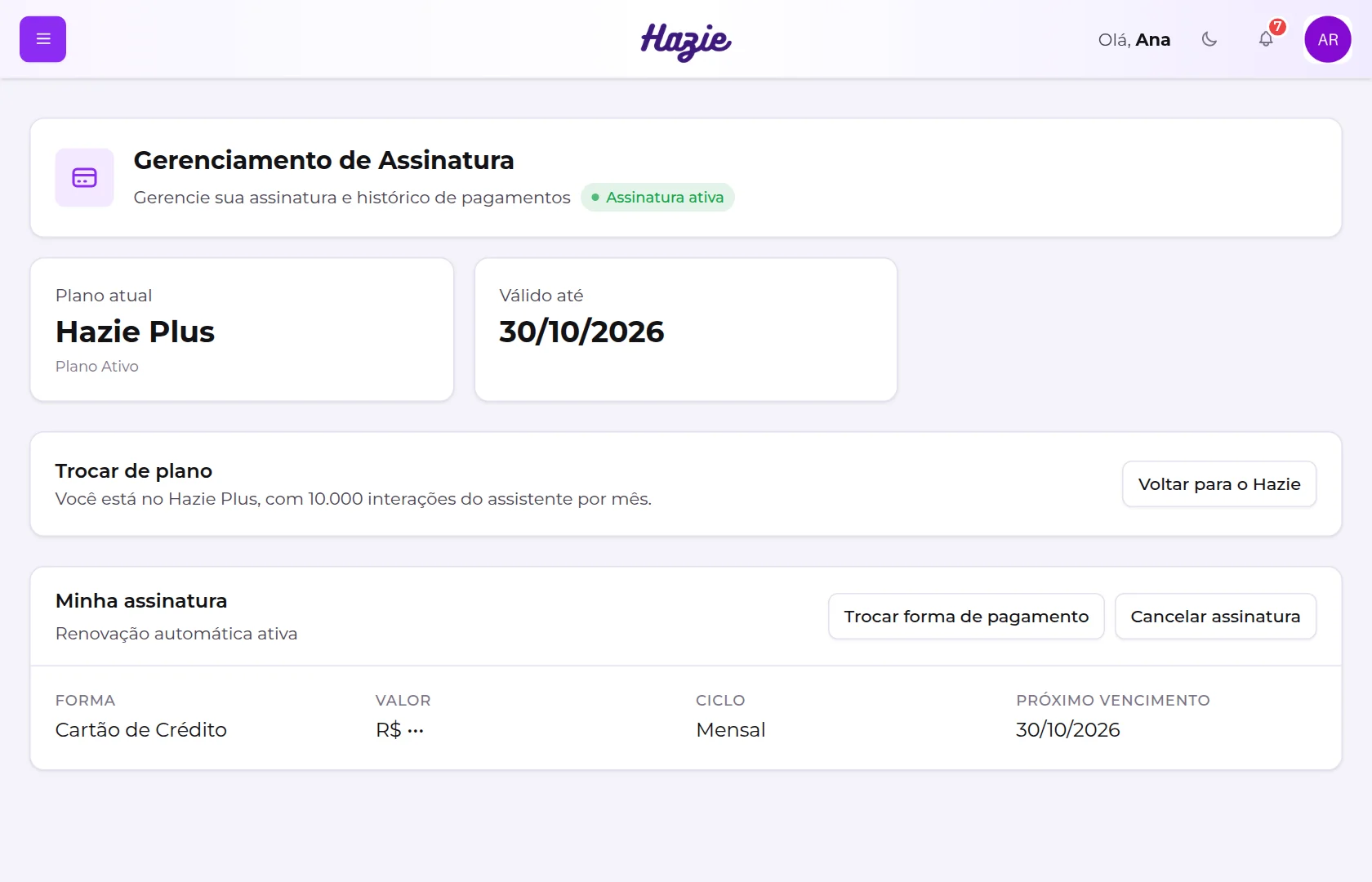 Tela Gerenciamento de Assinatura de um assinante do Hazie Plus mensal no cartão, com Trocar de plano e Minha assinatura
