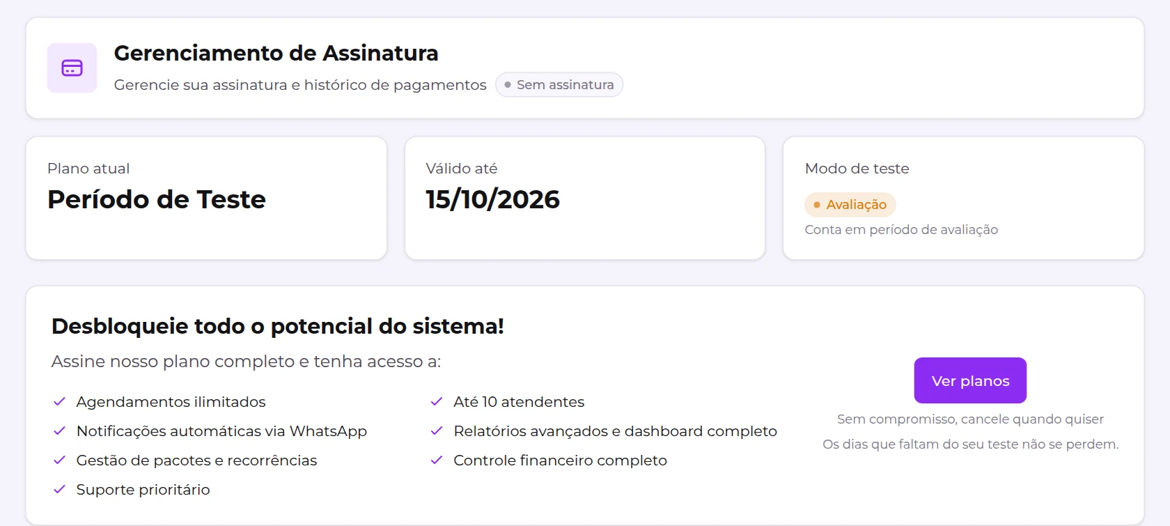 Tela de assinatura de uma conta em período de teste, com o plano atual, a validade e o botão Ver planos