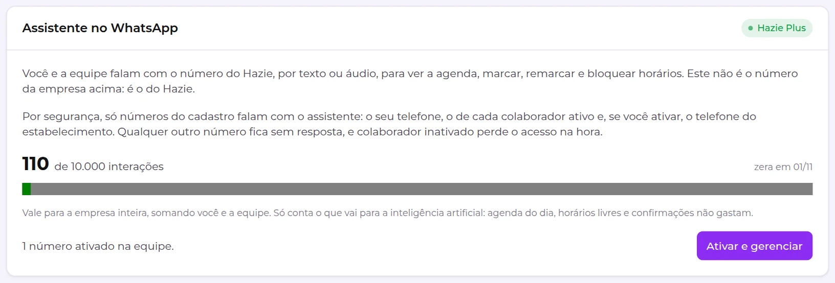 Cartão Assistente no WhatsApp, no fim da tela WhatsApp, com o uso do mês e o botão Ativar e gerenciar