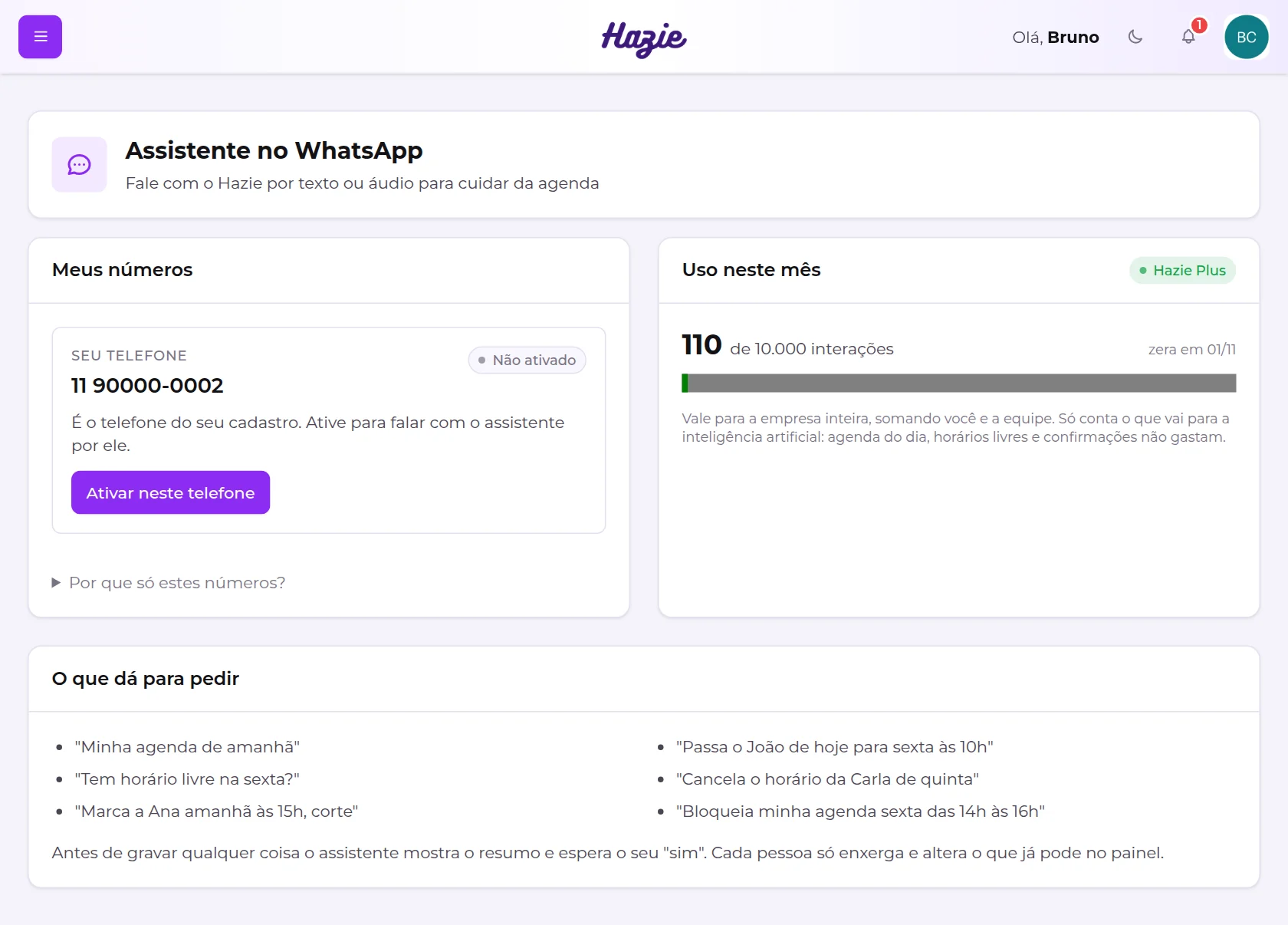 Tela do assistente vista por um colaborador, com o telefone do cadastro ainda não ativado e o botão Ativar neste telefone