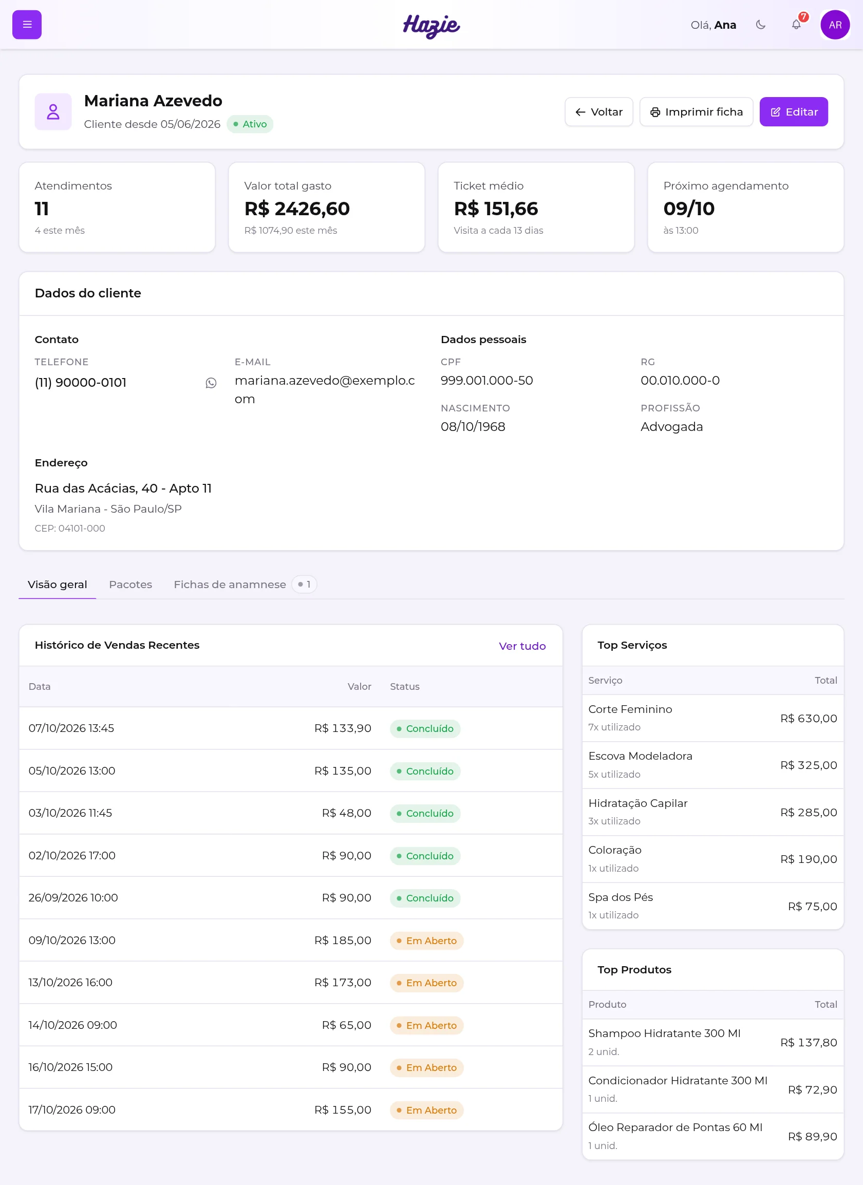 Ficha de uma cliente, com os indicadores no topo, os dados cadastrais e o histórico de vendas, serviços e produtos
