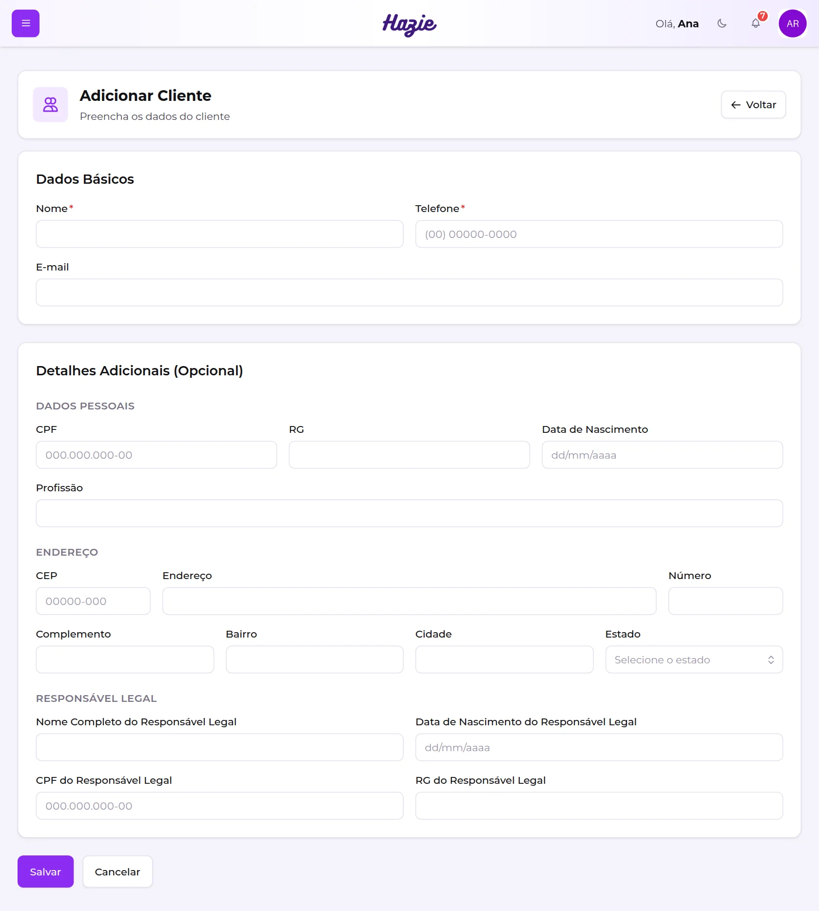 Formulário Adicionar Cliente, com os Dados Básicos e os Detalhes Adicionais opcionais