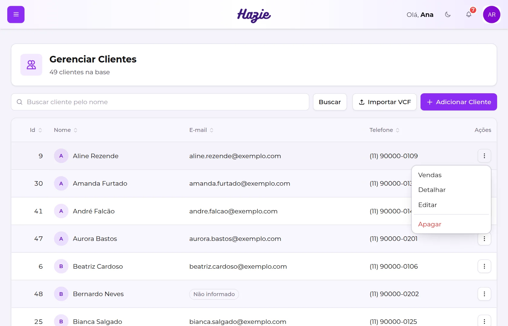 Menu de ações de um cliente, com as opções Vendas, Detalhar, Editar e Apagar