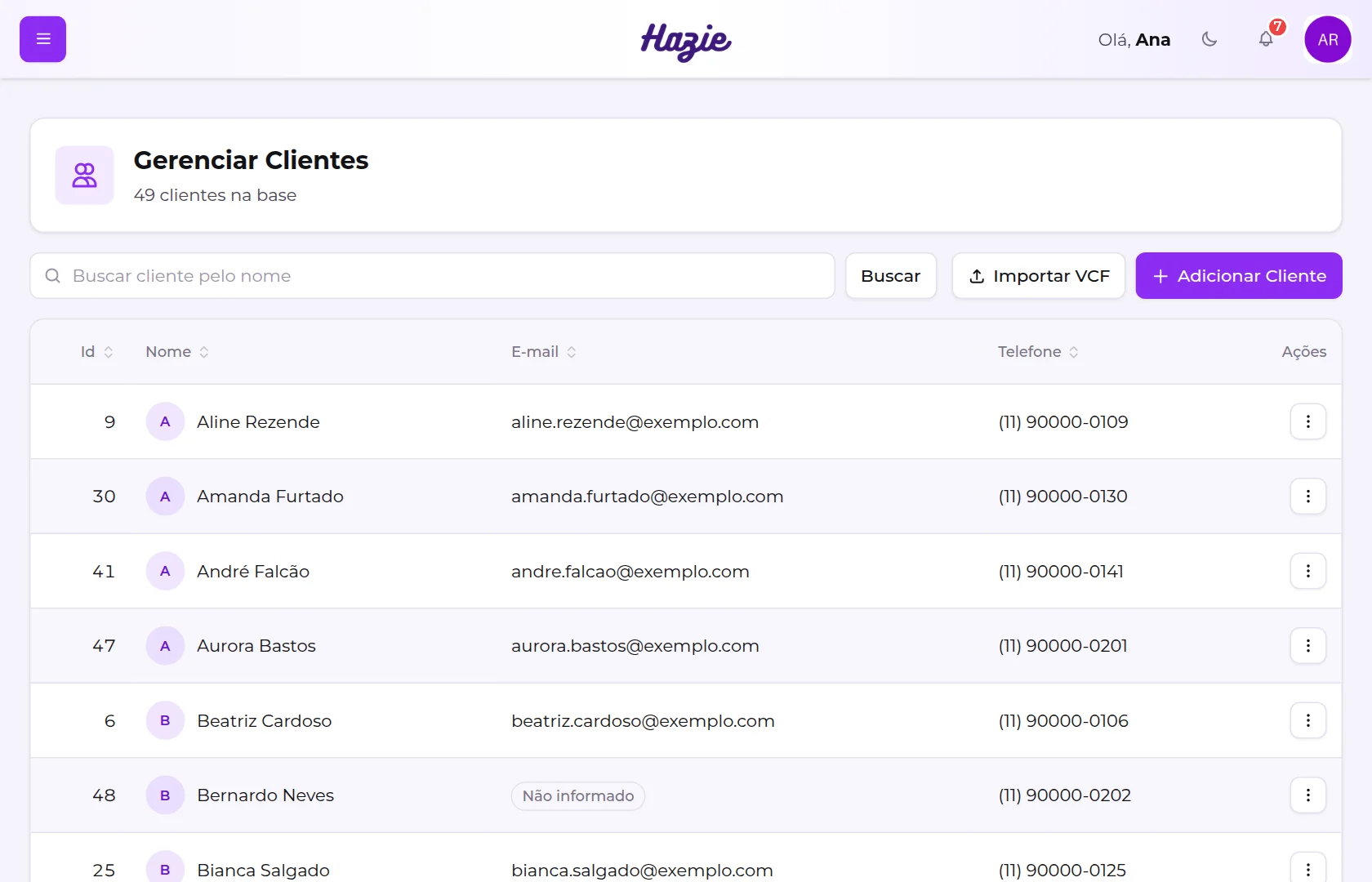 Tela Gerenciar Clientes, com a busca, os botões Importar VCF e Adicionar Cliente e a lista de clientes