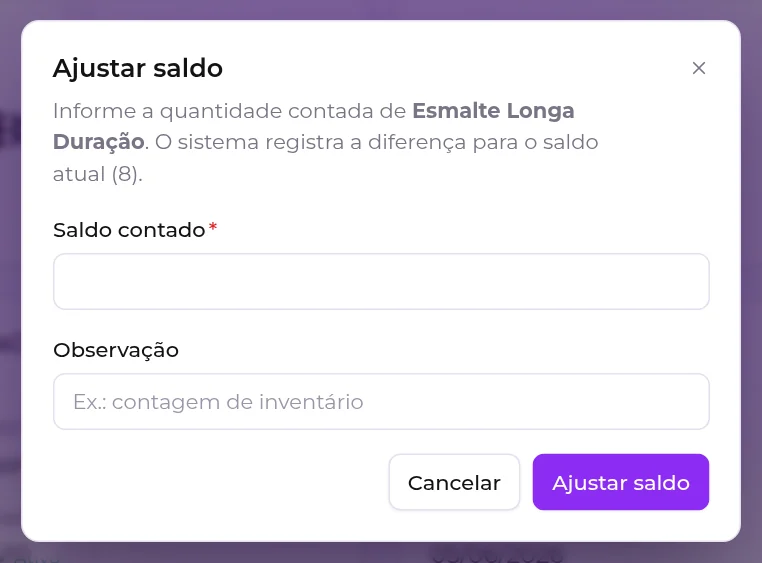 Janela Ajustar saldo, com o campo Saldo contado e a observação
