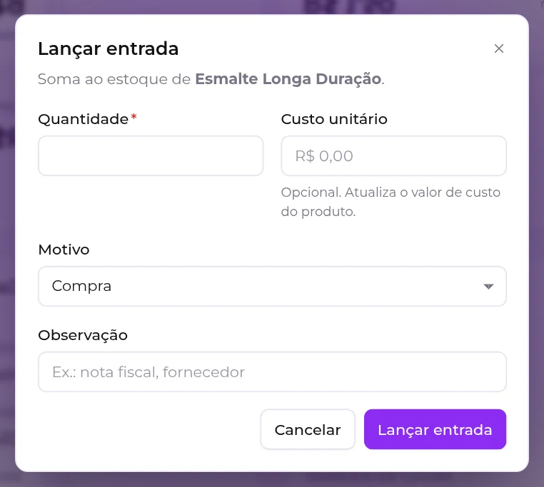 Janela Lançar entrada, com quantidade, custo unitário, motivo e observação