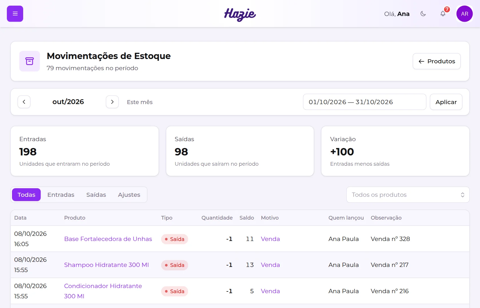 Tela Movimentações de Estoque, com o período, os totais de entradas, saídas e variação, os filtros e a lista