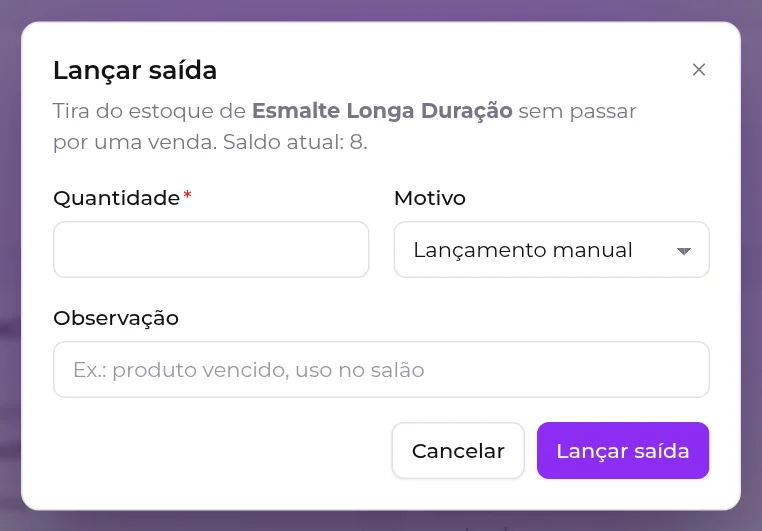 Janela Lançar saída, com o saldo atual, quantidade, motivo e observação