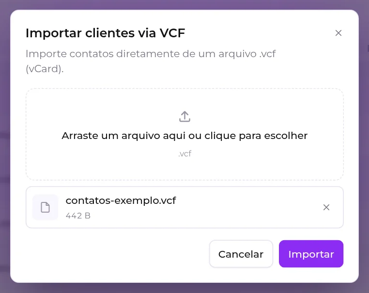 Janela Importar clientes via VCF, com o arquivo de contatos já escolhido