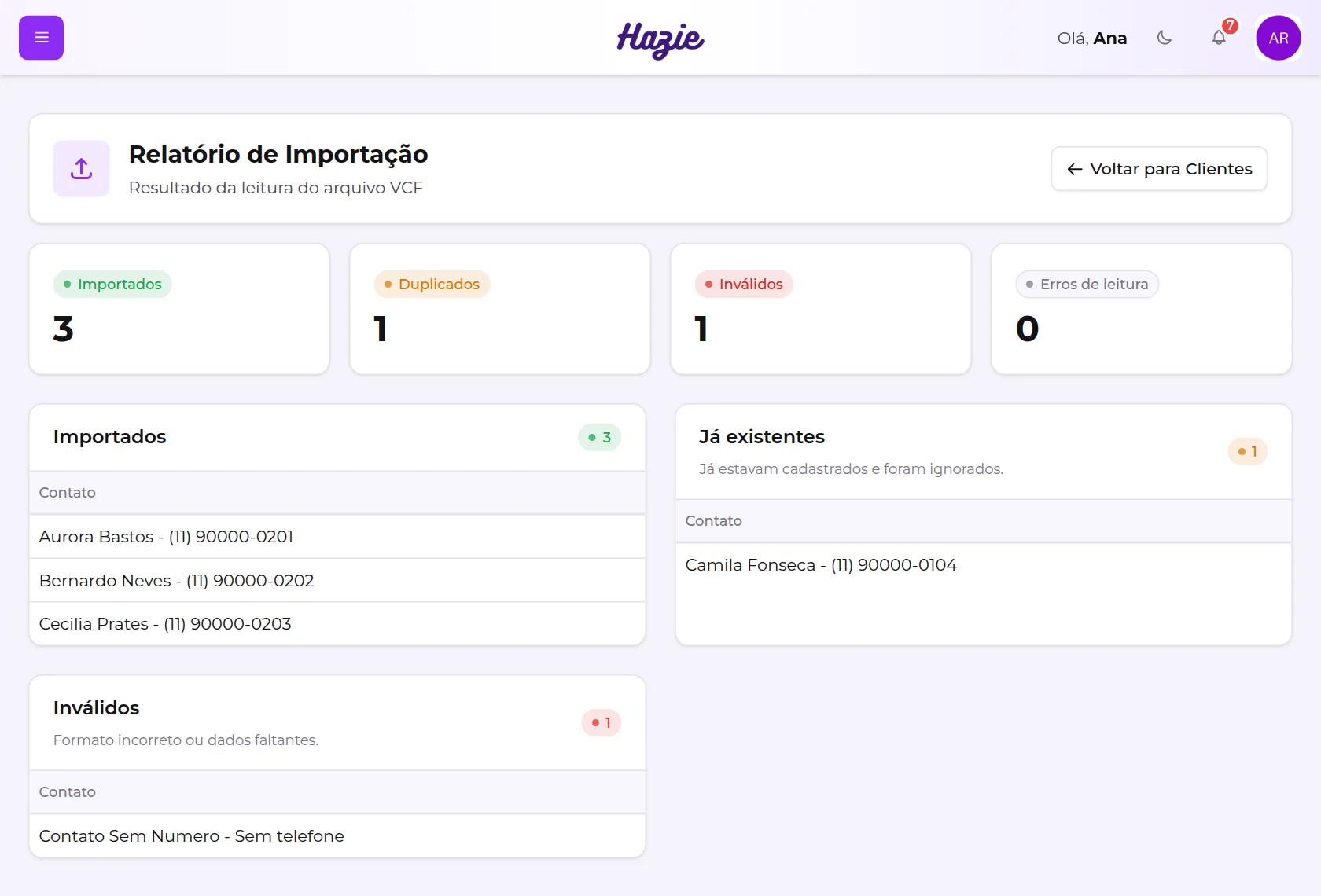 Relatório de Importação, com os totais de importados, duplicados, inválidos e erros de leitura, e a lista de cada grupo