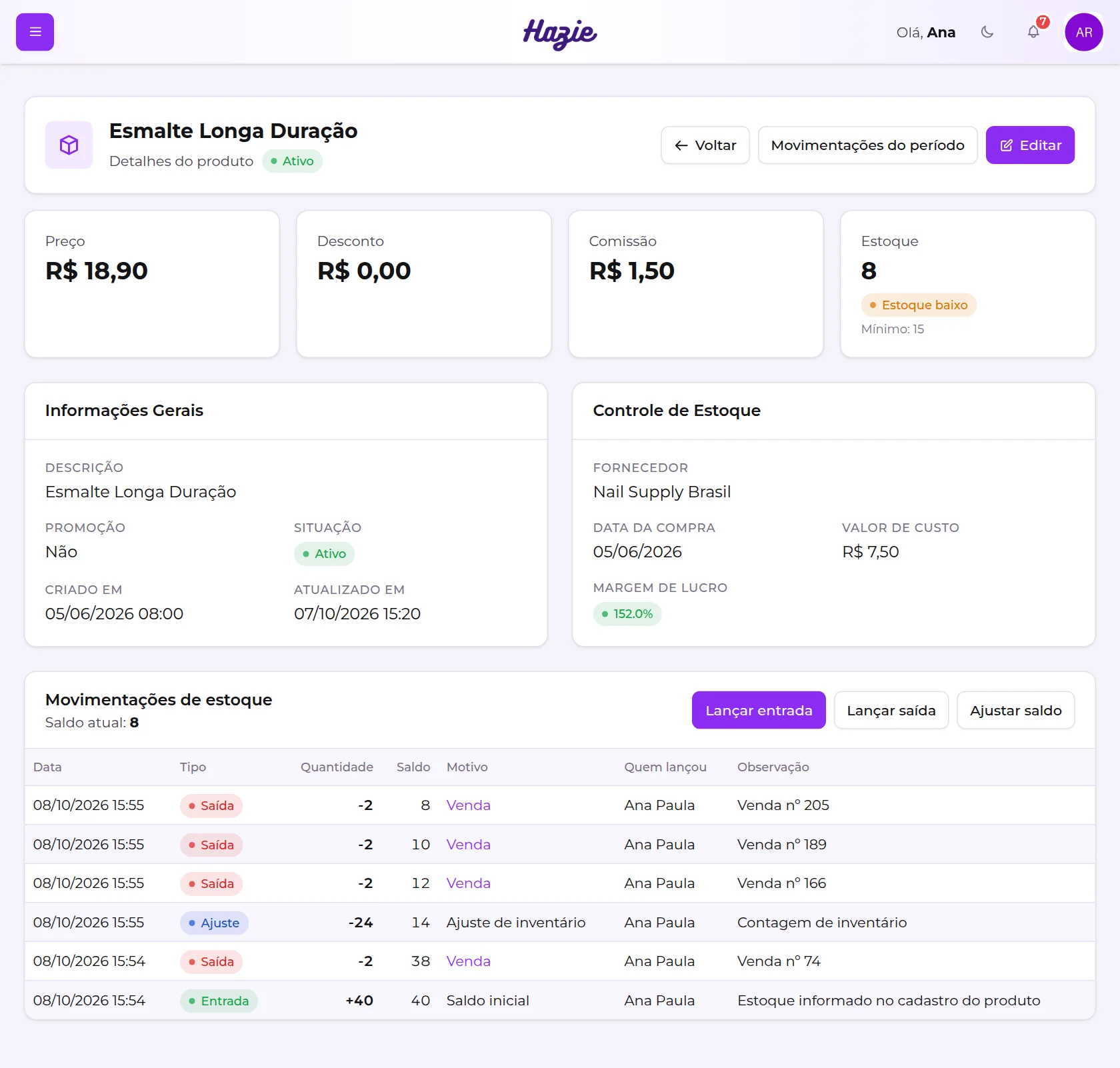 Tela de detalhes de um produto com estoque baixo, com os indicadores, o controle de estoque e a lista de movimentações