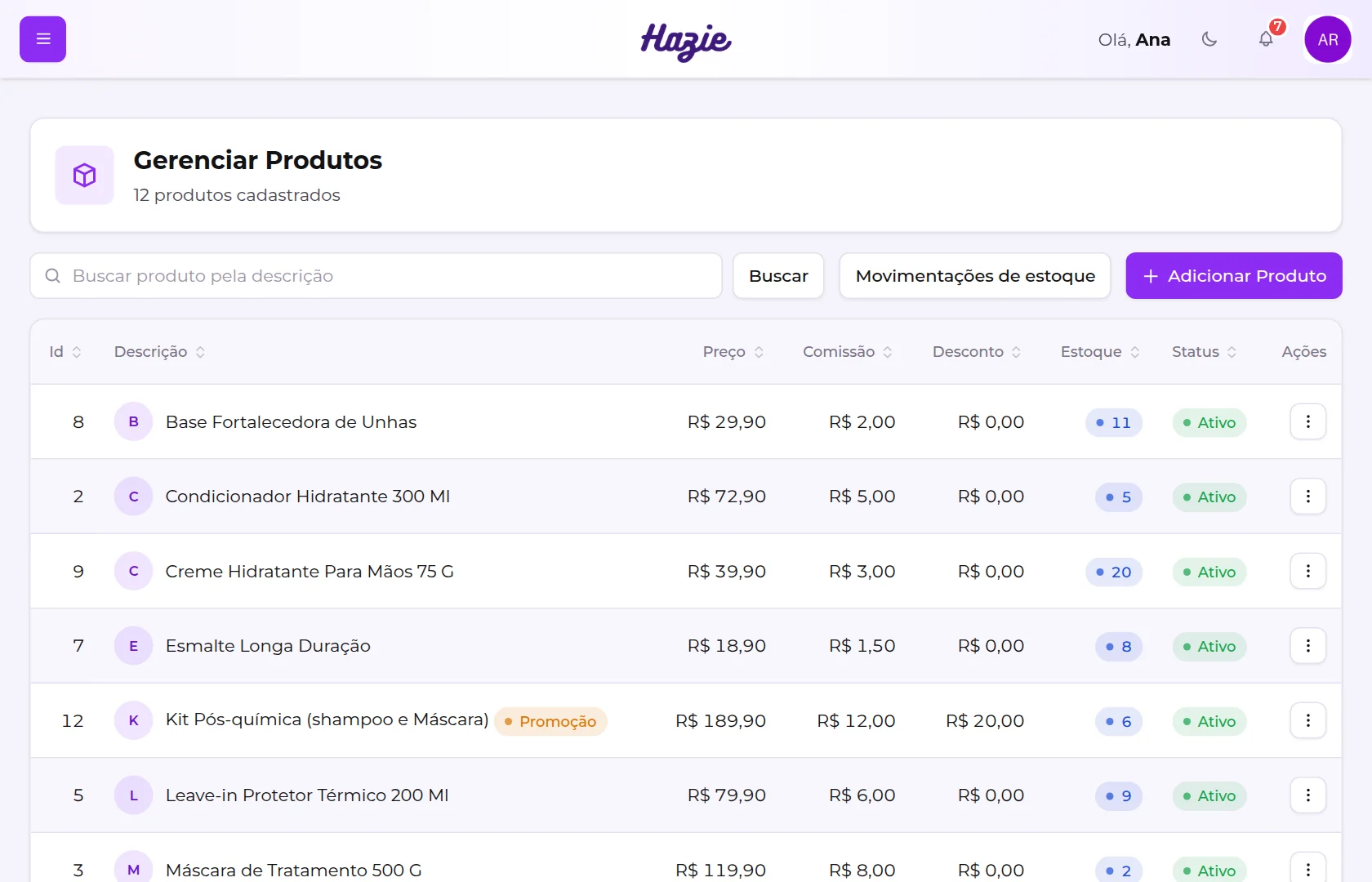 Tela Gerenciar Produtos, com a busca, os botões Movimentações de estoque e Adicionar Produto e a lista com preço, comissão, desconto, estoque e status