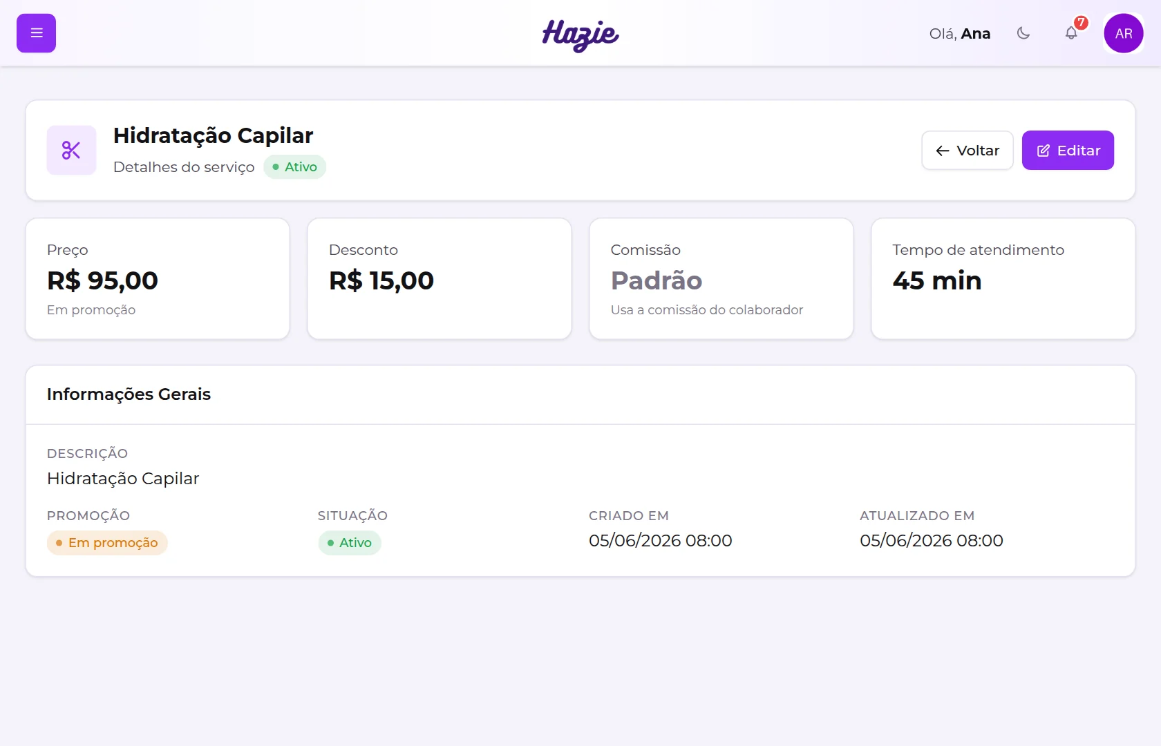 Tela de detalhes de um serviço em promoção, com preço, desconto, comissão padrão e tempo de atendimento