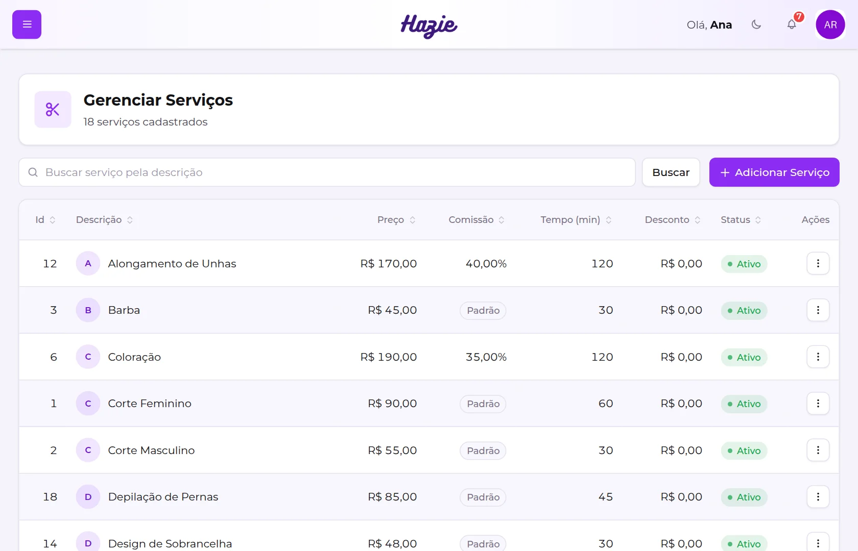 Tela Gerenciar Serviços, com a busca, o botão Adicionar Serviço e a lista com preço, comissão, tempo, desconto e status