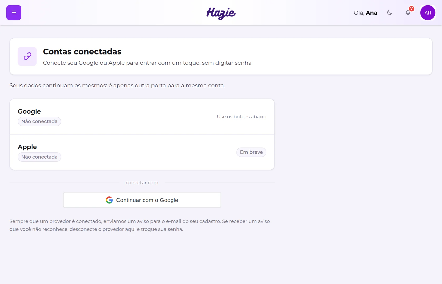 Tela Contas conectadas, com as linhas Google e Apple e o botão Continuar com o Google