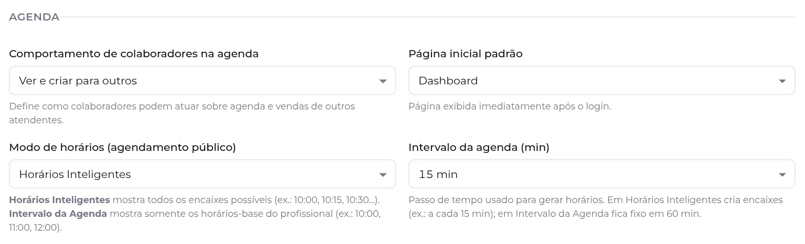 Bloco Agenda, com comportamento de colaboradores, página inicial padrão, modo de horários e intervalo da agenda