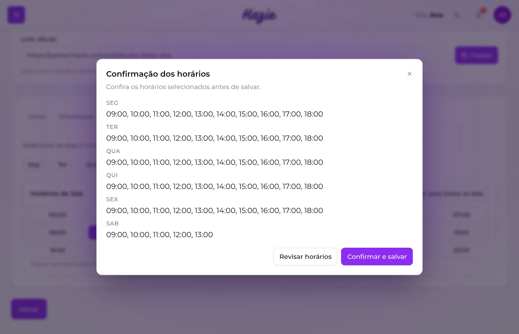 Janela Confirmação dos horários, com o resumo de cada dia e os botões Revisar horários e Confirmar e salvar