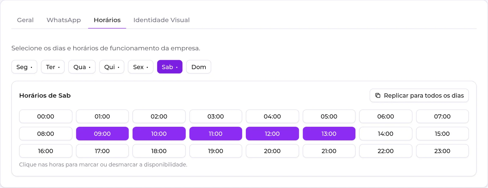 Aba Horários, com os dias da semana e a grade de horas do dia escolhido