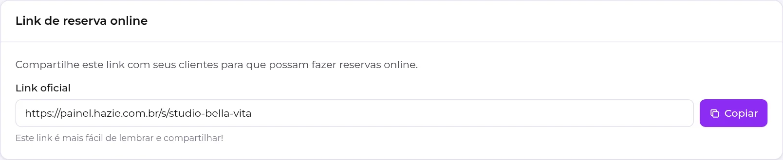 Quadro Link de reserva online, com o link oficial e o botão Copiar