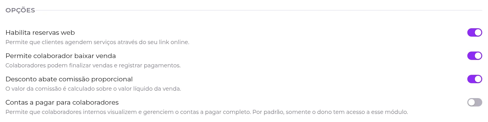 Bloco Opções, com as quatro chaves