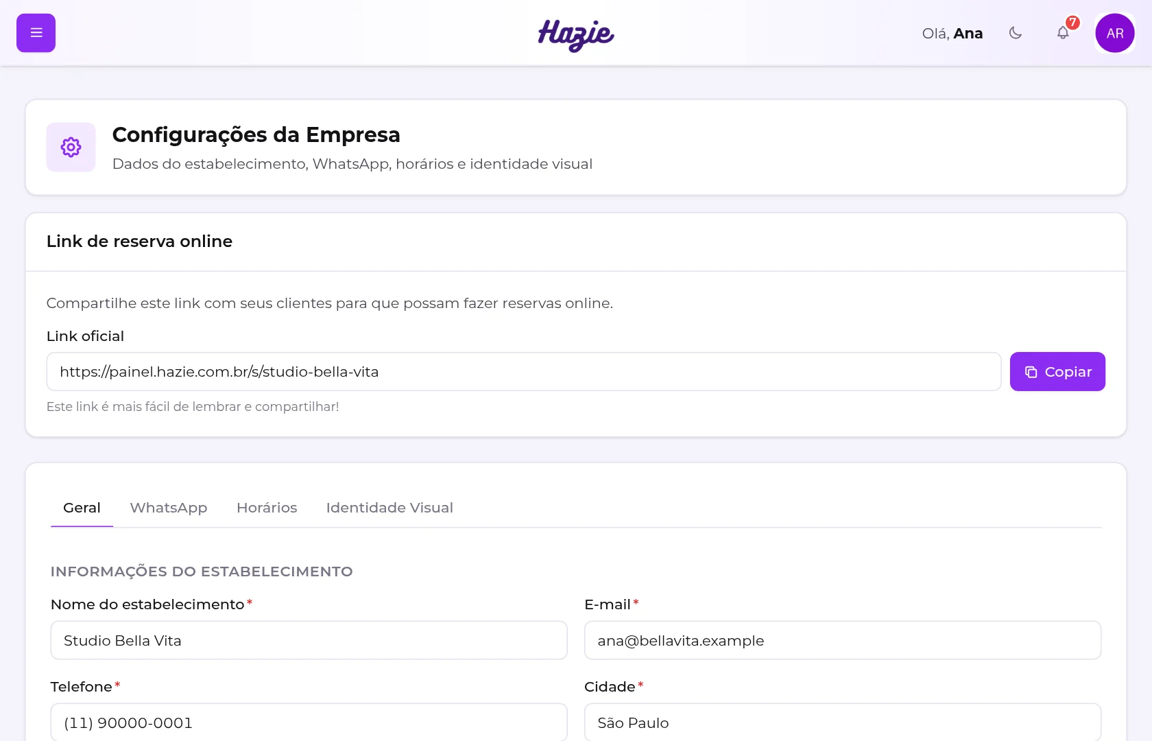 Tela Configurações da Empresa, com o link de reserva online no topo e as abas Geral, WhatsApp, Horários e Identidade Visual
