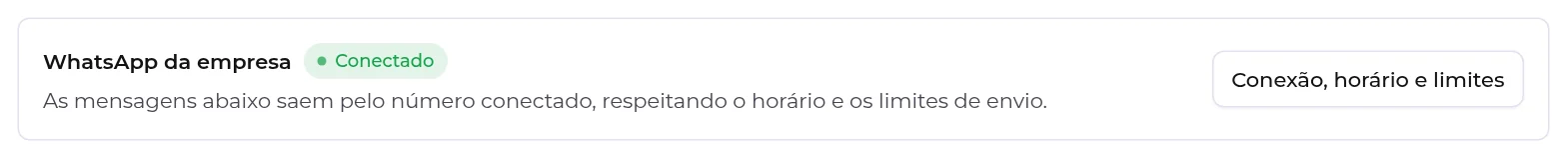 Quadro WhatsApp da empresa, com a situação da conexão e o botão Conexão, horário e limites