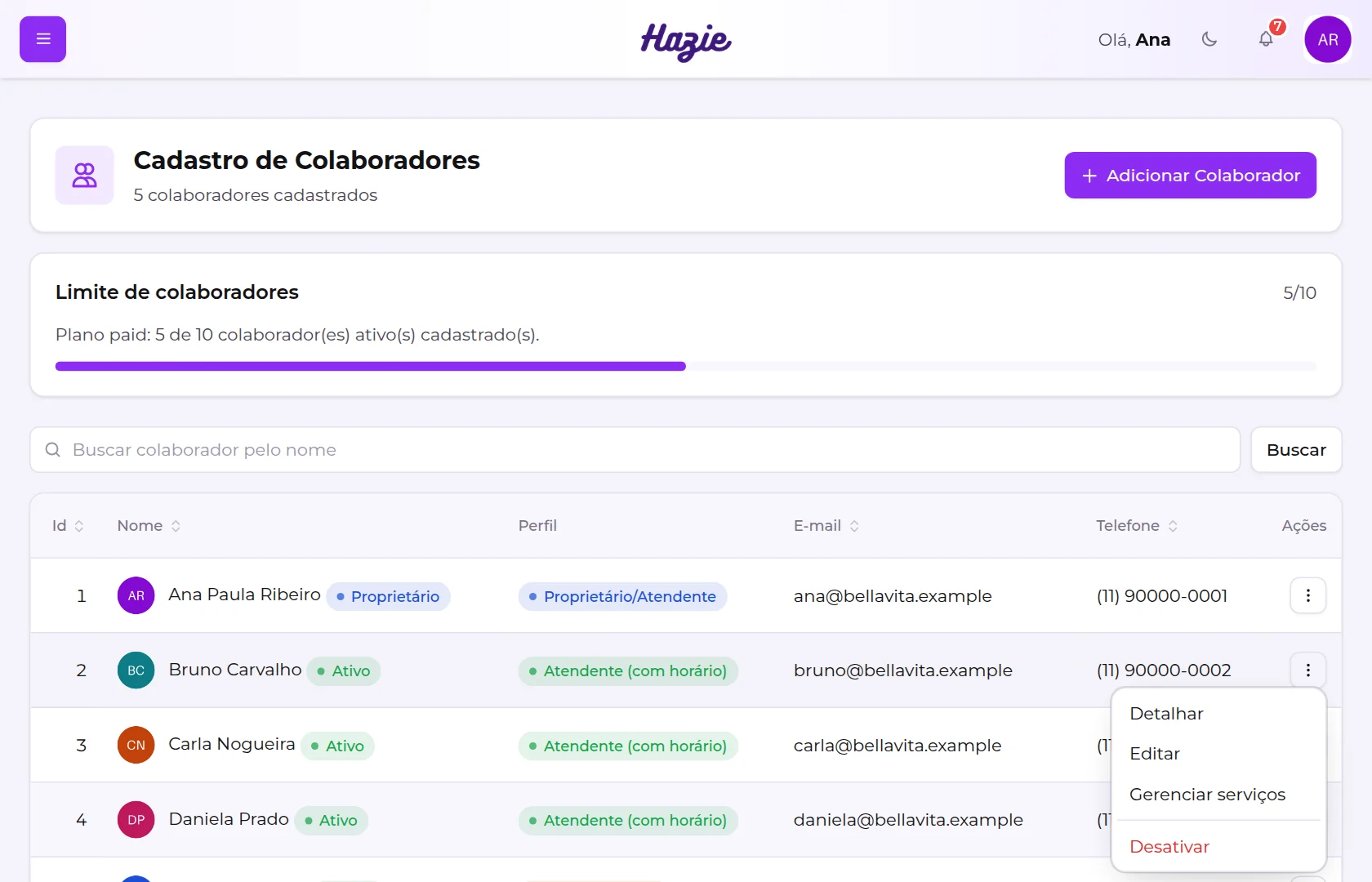 Menu de ações de um colaborador, com Detalhar, Editar, Gerenciar serviços e Desativar