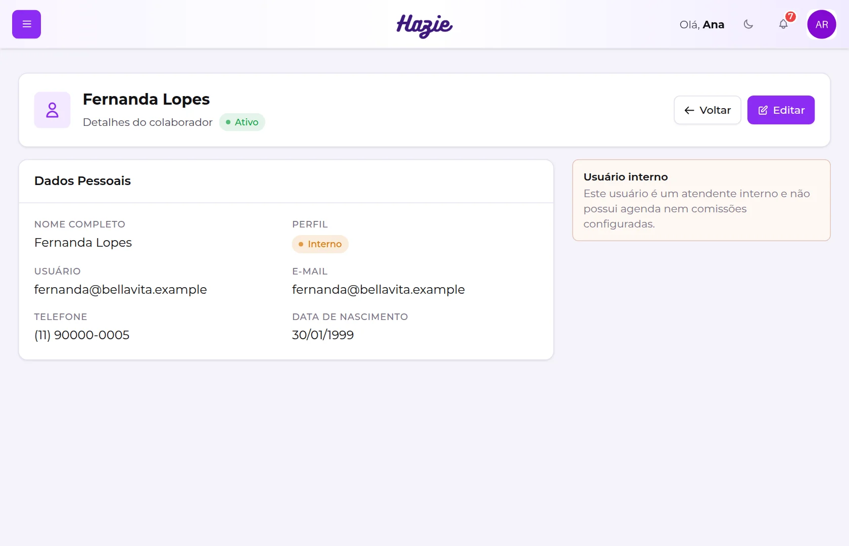 Ficha de um usuário interno, com o aviso de que não possui agenda nem comissões