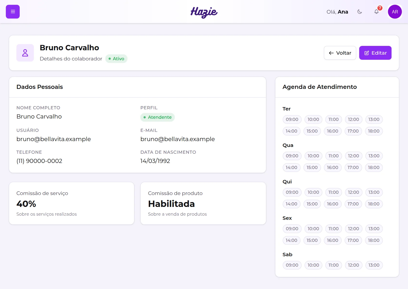 Ficha de um atendente, com dados pessoais, comissão de serviço, comissão de produto e a agenda de atendimento por dia