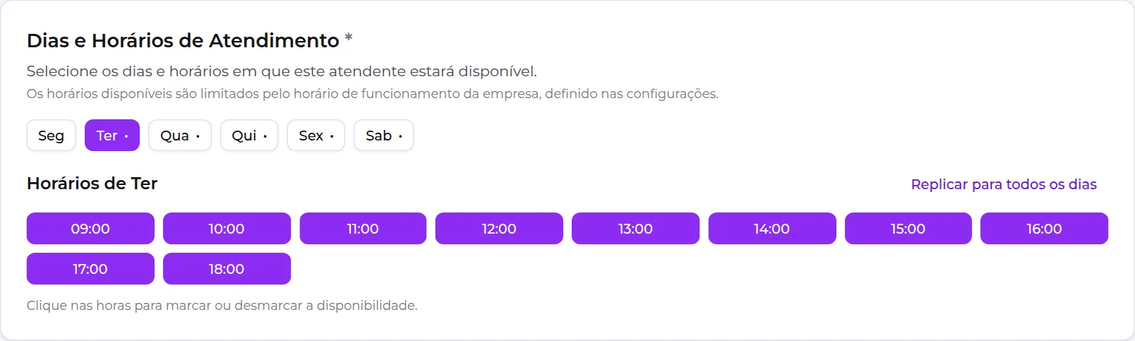 Bloco Dias e Horários de Atendimento, com a terça-feira selecionada e as horas marcadas