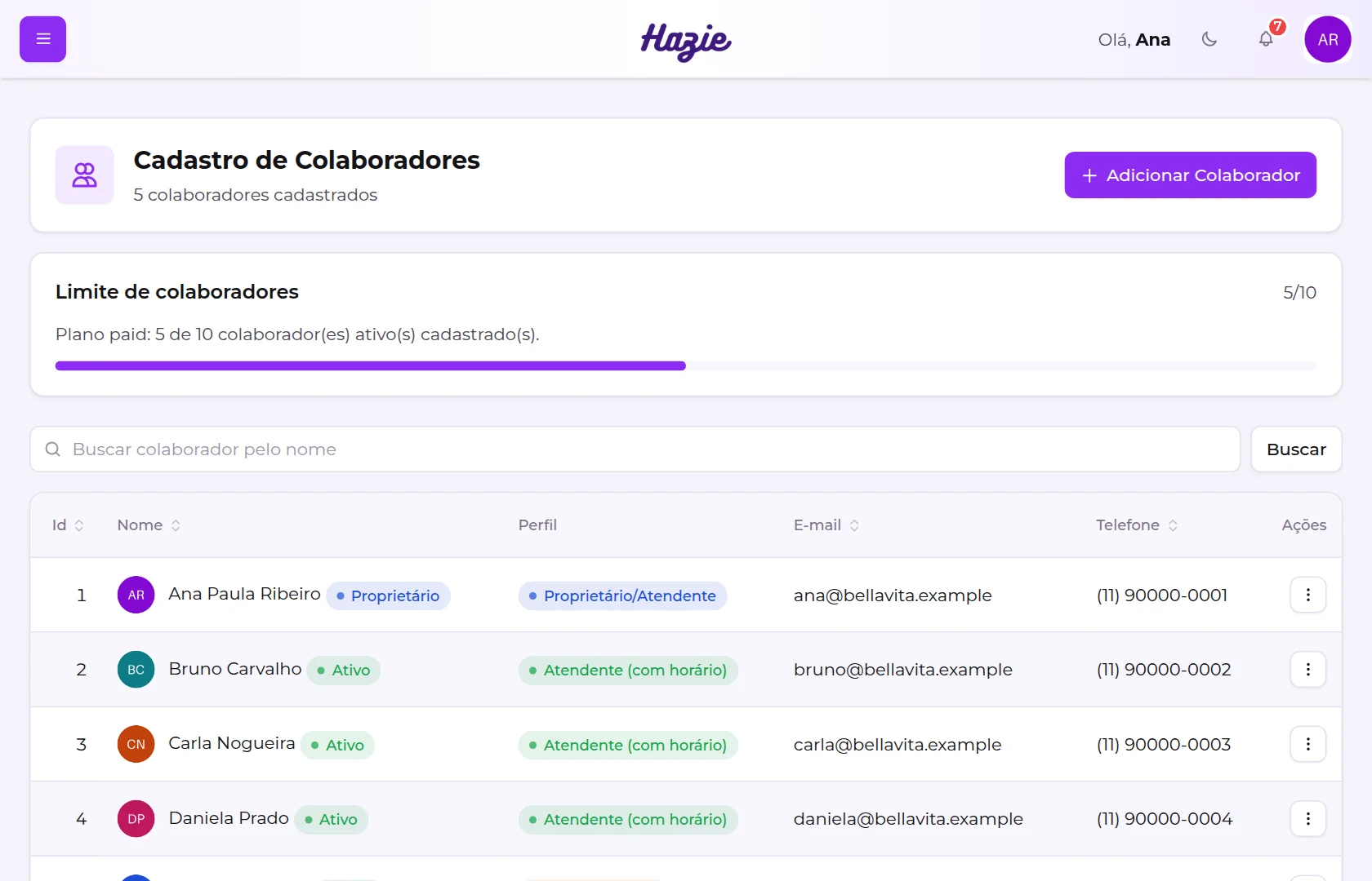 Tela Cadastro de Colaboradores, com o limite do plano, a busca e a lista da equipe