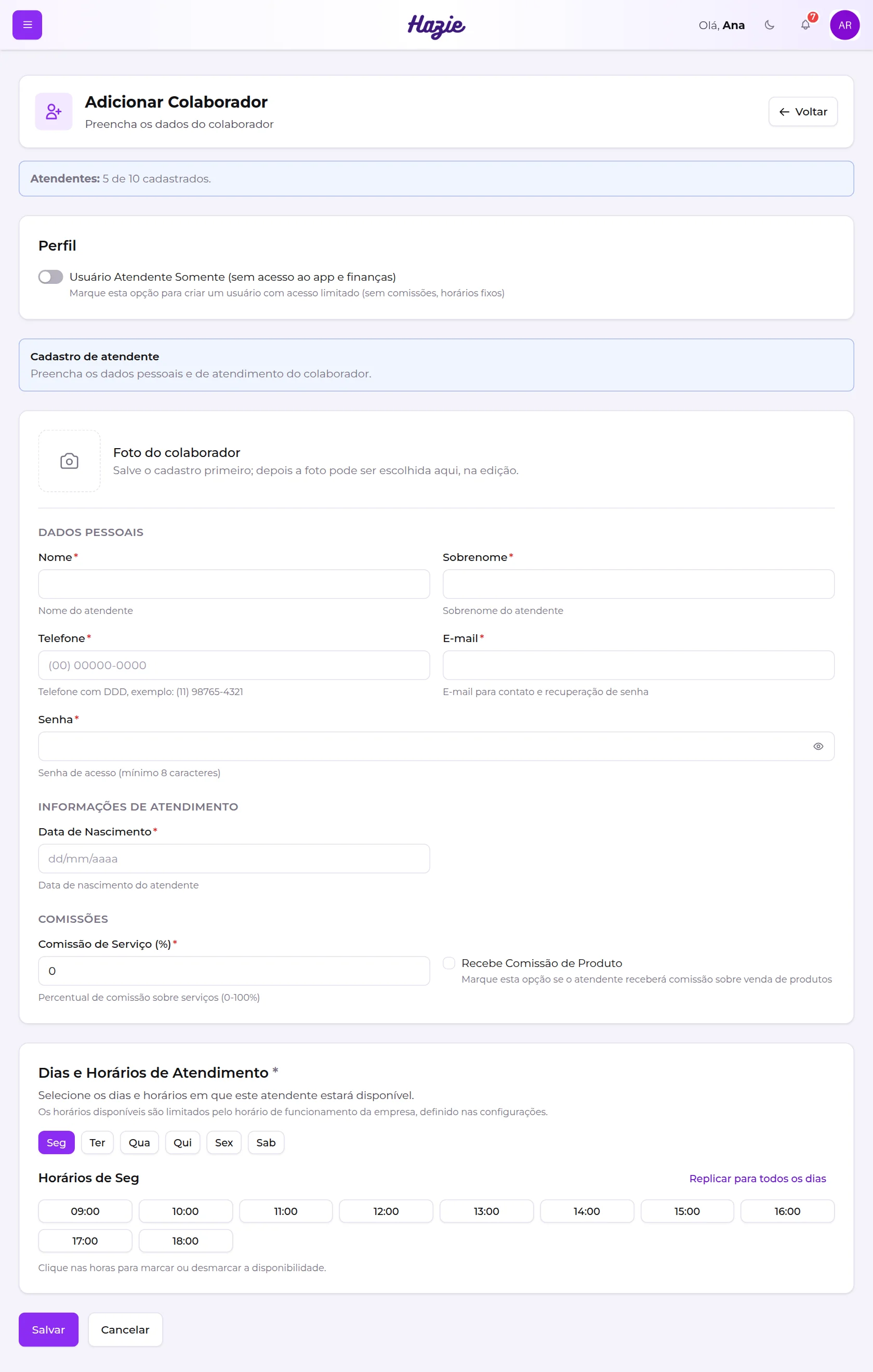 Formulário Adicionar Colaborador, com perfil, dados pessoais, comissões e dias e horários de atendimento