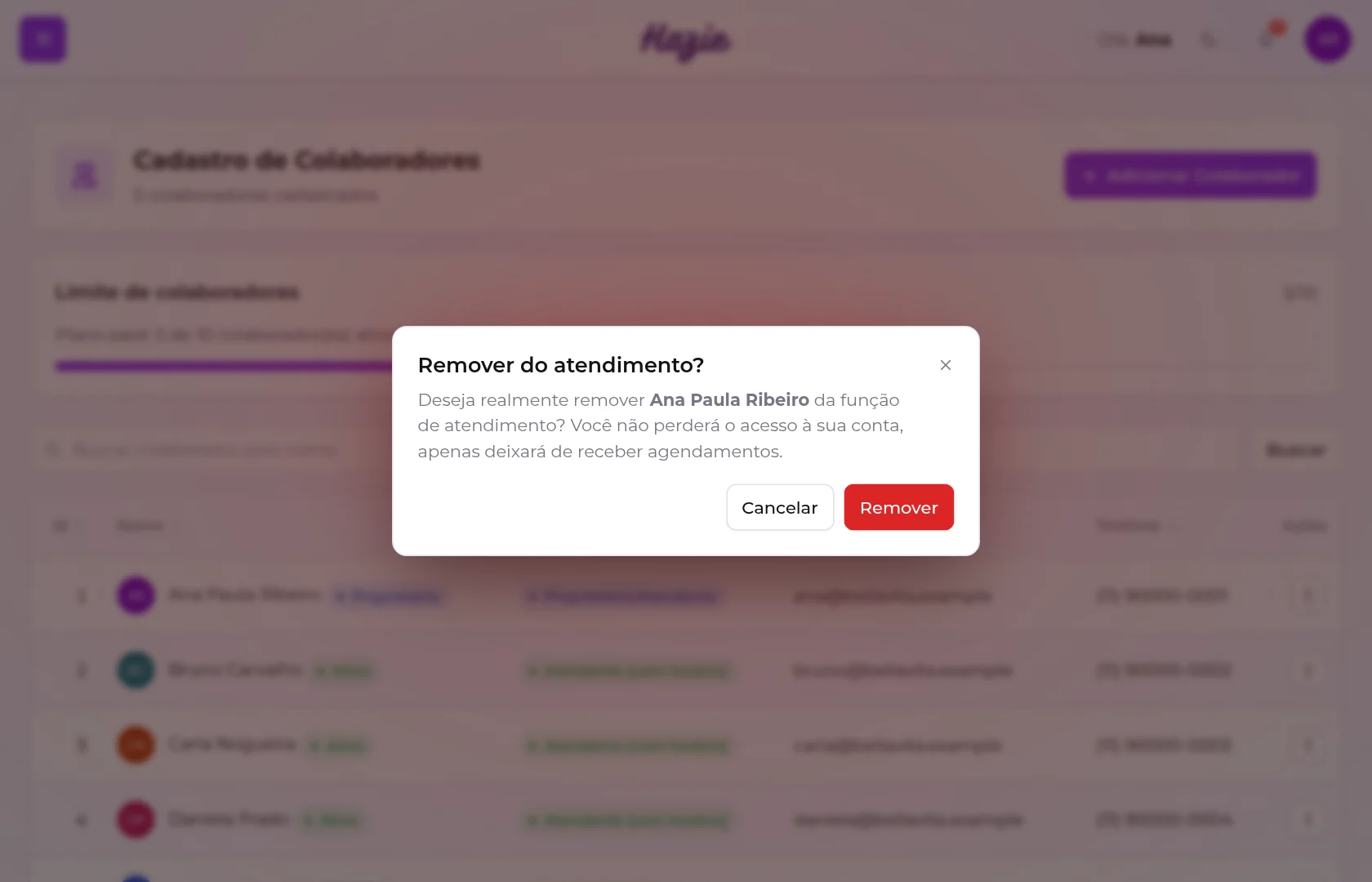 Janela de confirmação Remover do atendimento