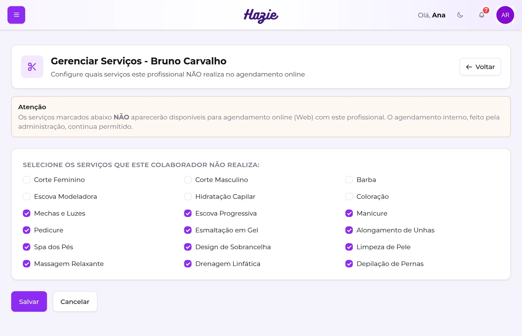 Tela Gerenciar Serviços de um profissional, com os serviços que ele não realiza marcados