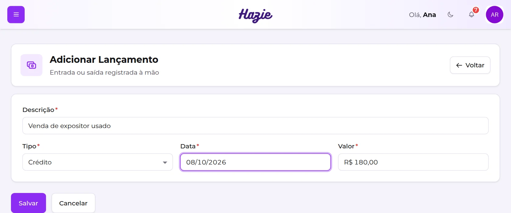 Formulário Adicionar Lançamento, com descrição, tipo, data e valor