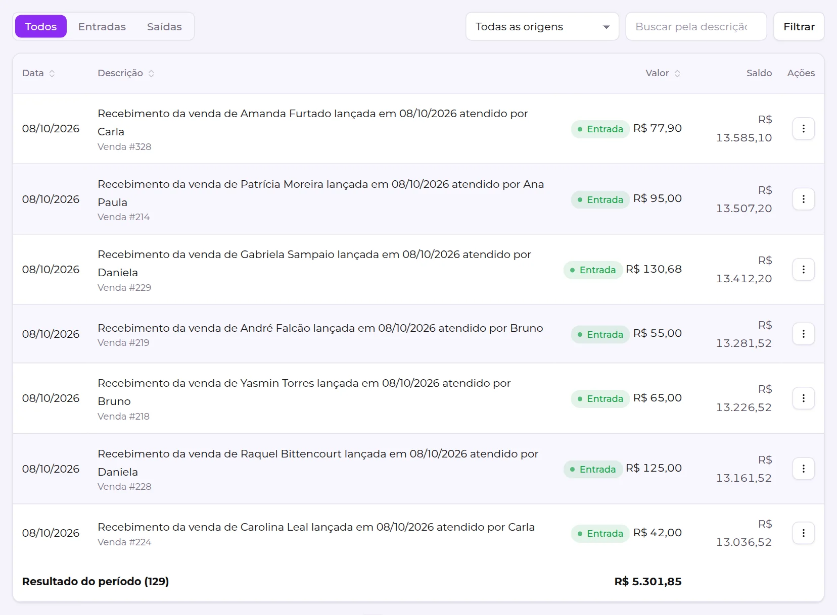 Lista de lançamentos, com os filtros de tipo, origem e busca, e a coluna de saldo