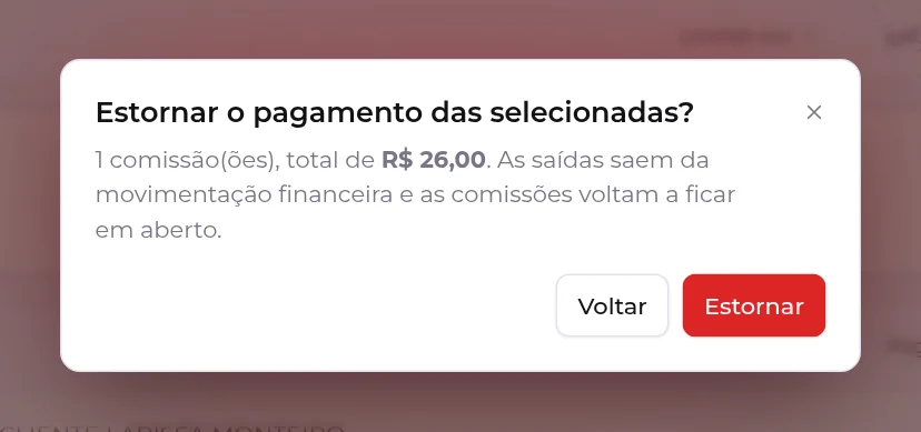 Confirmação Estornar o pagamento das selecionadas