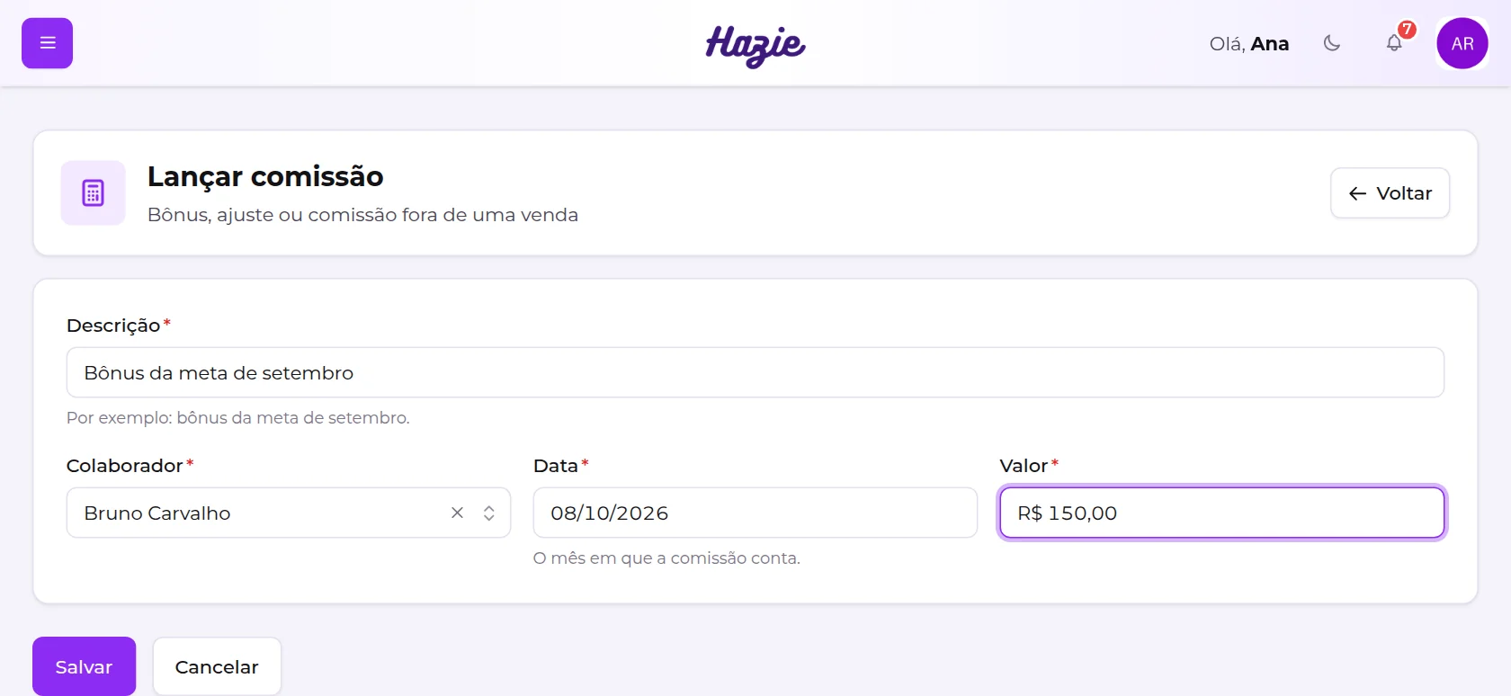 Formulário Lançar comissão, com descrição, colaborador, data e valor