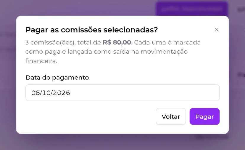 Confirmação Pagar as comissões selecionadas, com a data do pagamento