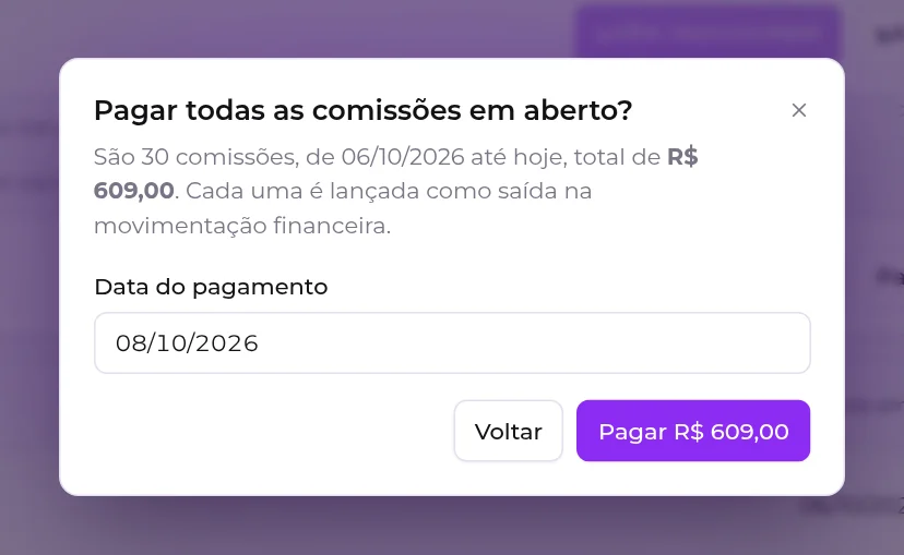 Confirmação Pagar todas as comissões em aberto, com quantidade, período e total
